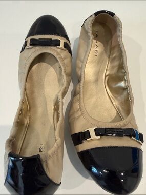 Tahari Black and Beige Cap-Toe Leather Ballet Flats